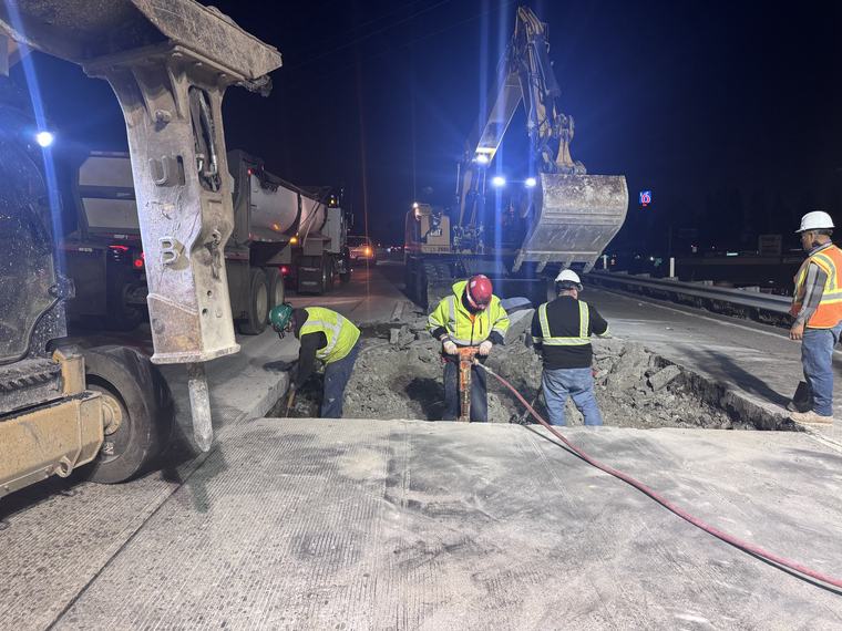 Roadway excavation at night